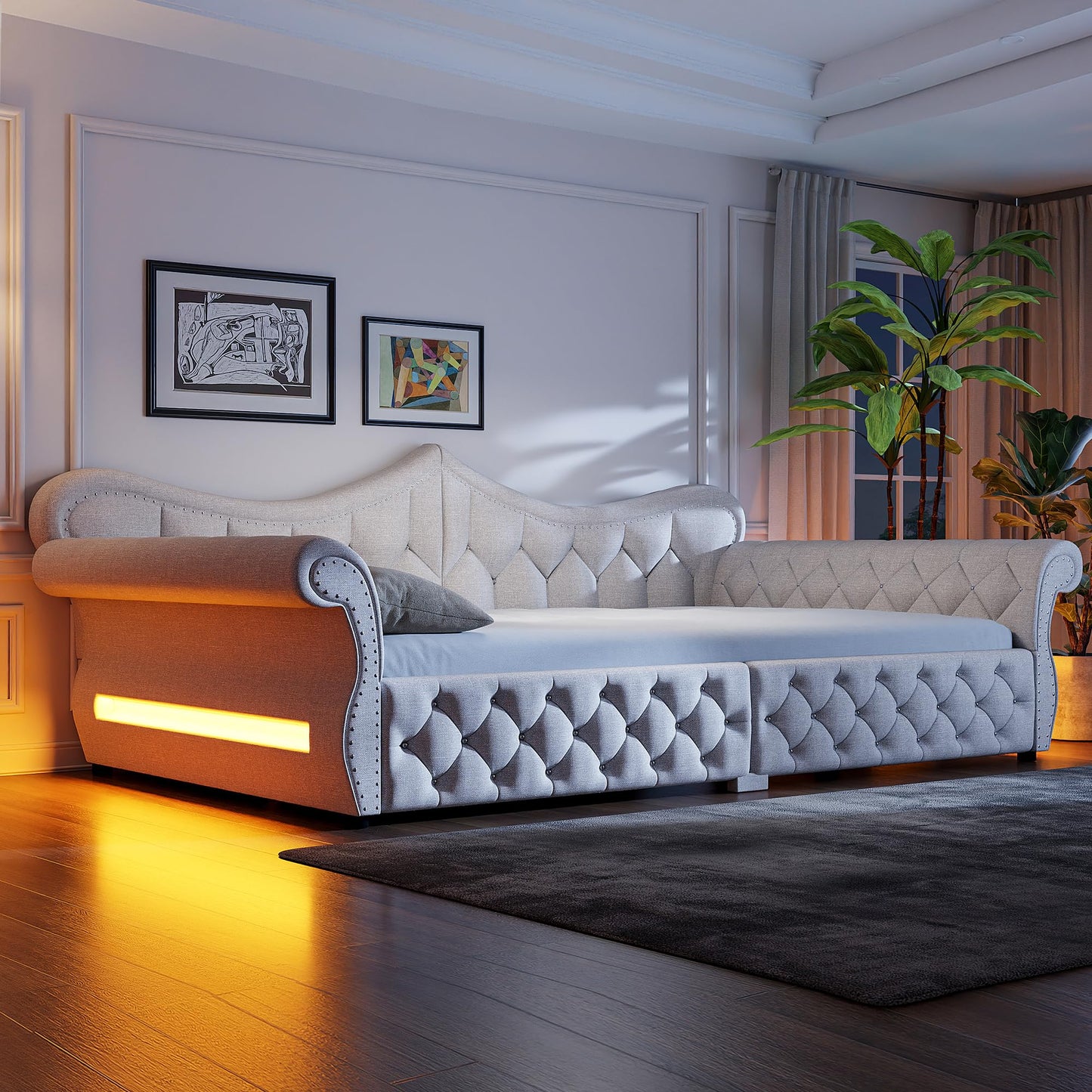 Merax Queen Size Upholstered Daybed with LED Lights, Convertible Sofa Bed, Tufted Daybed with Nailhead Trim, Wooden Frame Guest Bed for Living Room Bedroom, Beige