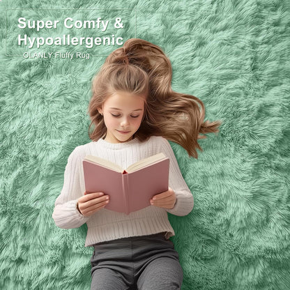 OLANLY Area Rugs - Soft Fluffy Shaggy Indoor Carpet for Living Room & Bedroom | 4x5.9 ft Mint Green