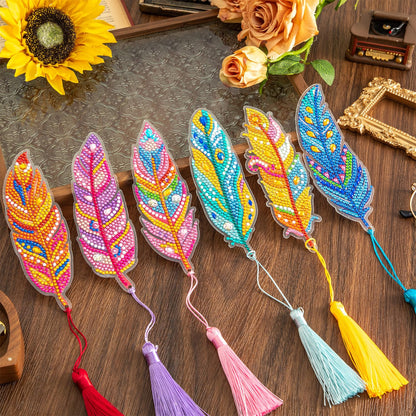 6 Pcs 5D Diamond Painting Art Kit, DIY Acrylic Crystal Diamond Bookmarks with Tassel, Flower & Feather Designs, Handmade Crafts BookMark Gift for Book Lovers, Women & Teenage, Creative Decor