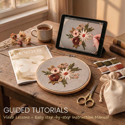 nevora shop 3 Hoop Embroidery Kit for Beginners Adults - Learn 32 Stitches with 3 Progressive Projects, Stamped Patterns, Video Tutorial & Free Organizer Bag.