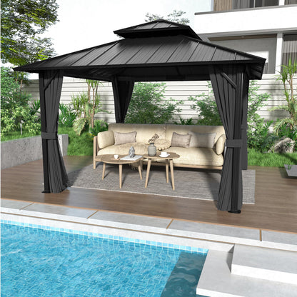 LUXIJOY 12' x 12' Hardtop Gazebo, Aluminum Frame with Double Galvanized Steel Roof, Outdoor Metal Gazebo with Netting & Curtains for Backyard, Garden, or Deck, Grey
