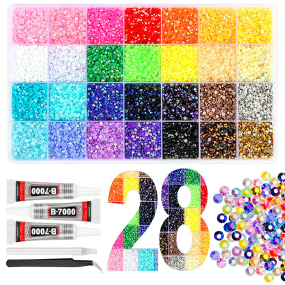 38000Pcs Resin Jelly Rhinestones for Bedazzling Kit, 28 Colors 3mm Flatback Gems for Diamond Art, Bedazzler Kit with 3Pcs 10ml B7000 Jewelry Glue for Crafting Crafts Book Shoes Nail Art