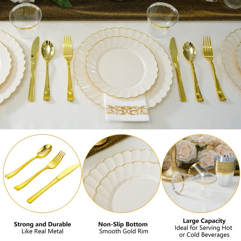 ISFANGCO175PCS Ivory Fancy Disposable Dinnerware Set-Ivory Scalloped Plastic Plates with Gold Rim -25 Dinner&25Dessert Plates, 75 Silverware Set, 25 Napkins and 25 Cups（25 Guests）