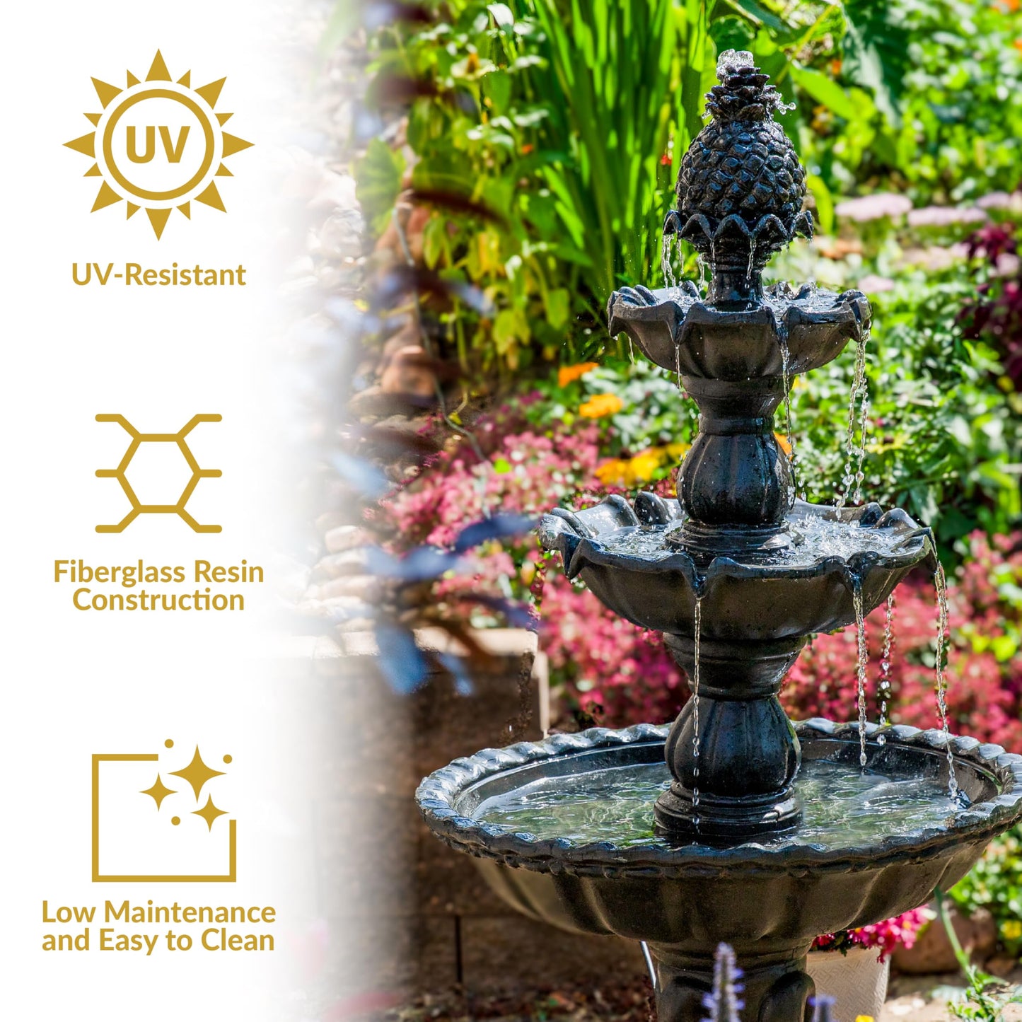 Sunnydaze 57" H Welcome 3-Tier Water Fountain - Large Electric Water Fountain with Pineapple Topper for Garden, Patio or Yard - Deep Espresso
