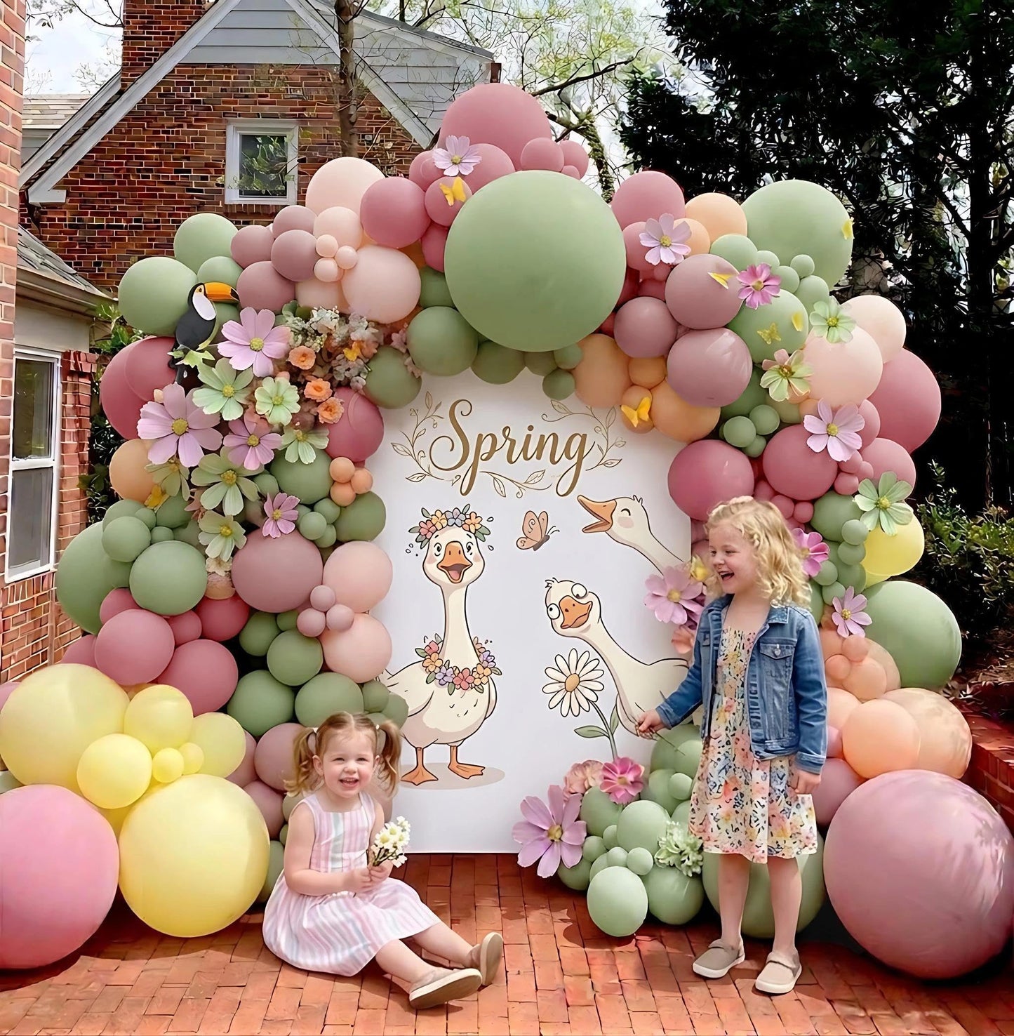 Pastel Pink Yellow Green Balloon Arch with Artificial Flower Double Stuffed Dusty Green Pink Peach Mauve Balloon Garland Kit for Tea Party Wildflower Spring Birthday Baby Shower Fairy Party Decor