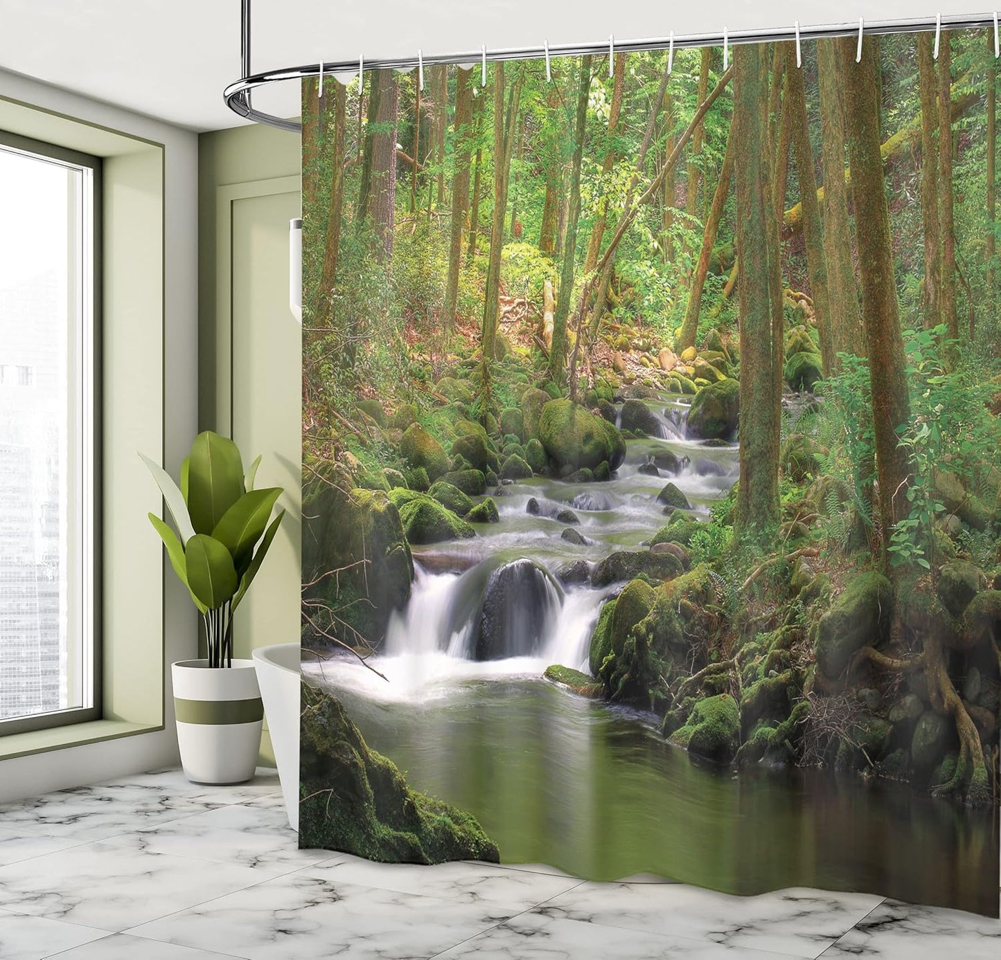 Ambesonne Nature Shower Curtain, Stream Flowing in Forest with Mossy Rocks, 69" W x 75" L, Green Brown