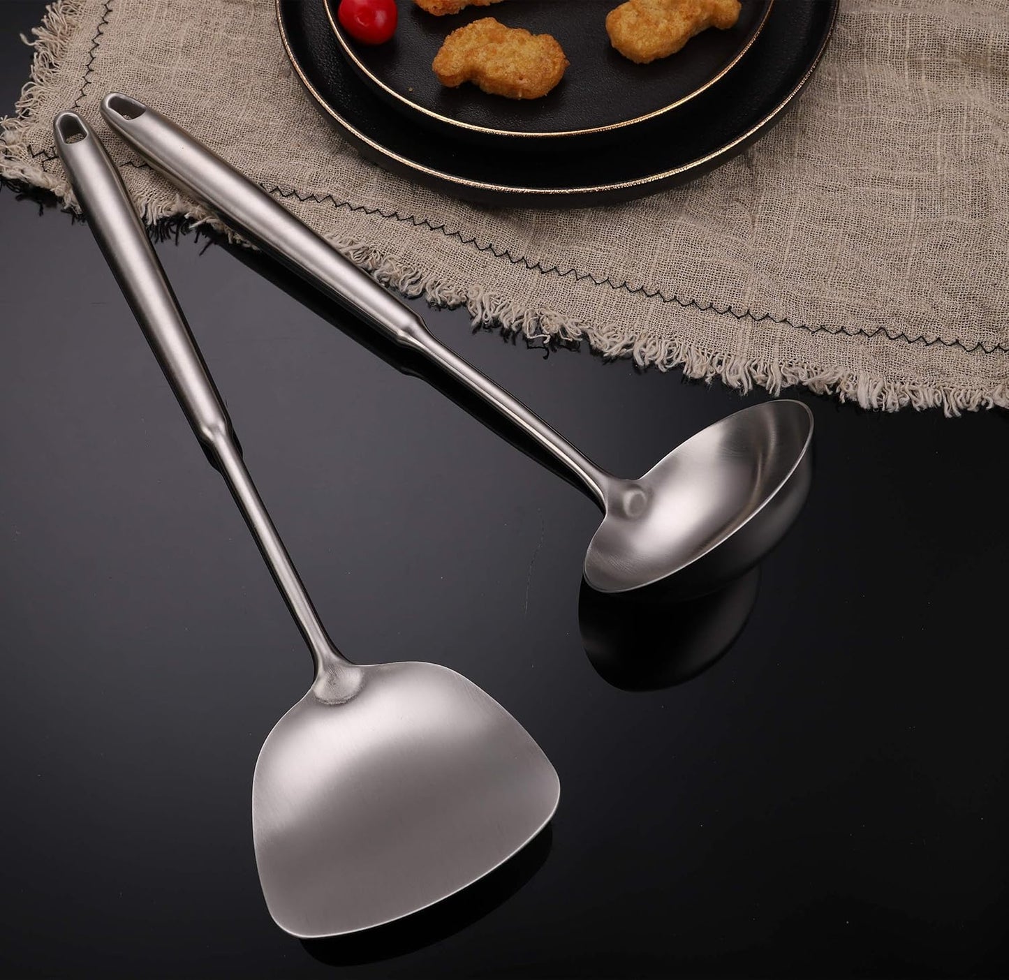 FJNATINH Wok Spatula and Soup Ladle Set, 304 Stainless Steel Utensil Tools Set, 2 Pieces for Cooking Kitchen
