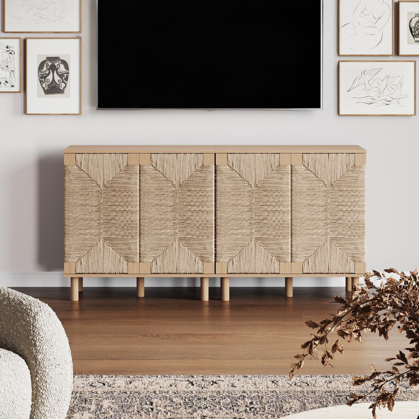 Nathan James Beacon Boho TV Stand, Free Standing Kitchen Cabinet Storage with Adjustable Interior Shelf and Seagrass Accent, Seagrass/Raw Oak, Set of 2