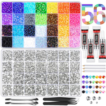FANDAMEI 51200Pcs Bedazzling Kit, 30000Pcs 28 Colors Rhinestones for Bedazzling, 21200Pcs Silver Rhinestones, Bedazzling Gems with 4Pcs B7000 Glue and Rhinestone Tool, for Crafting Clothing Nail Art