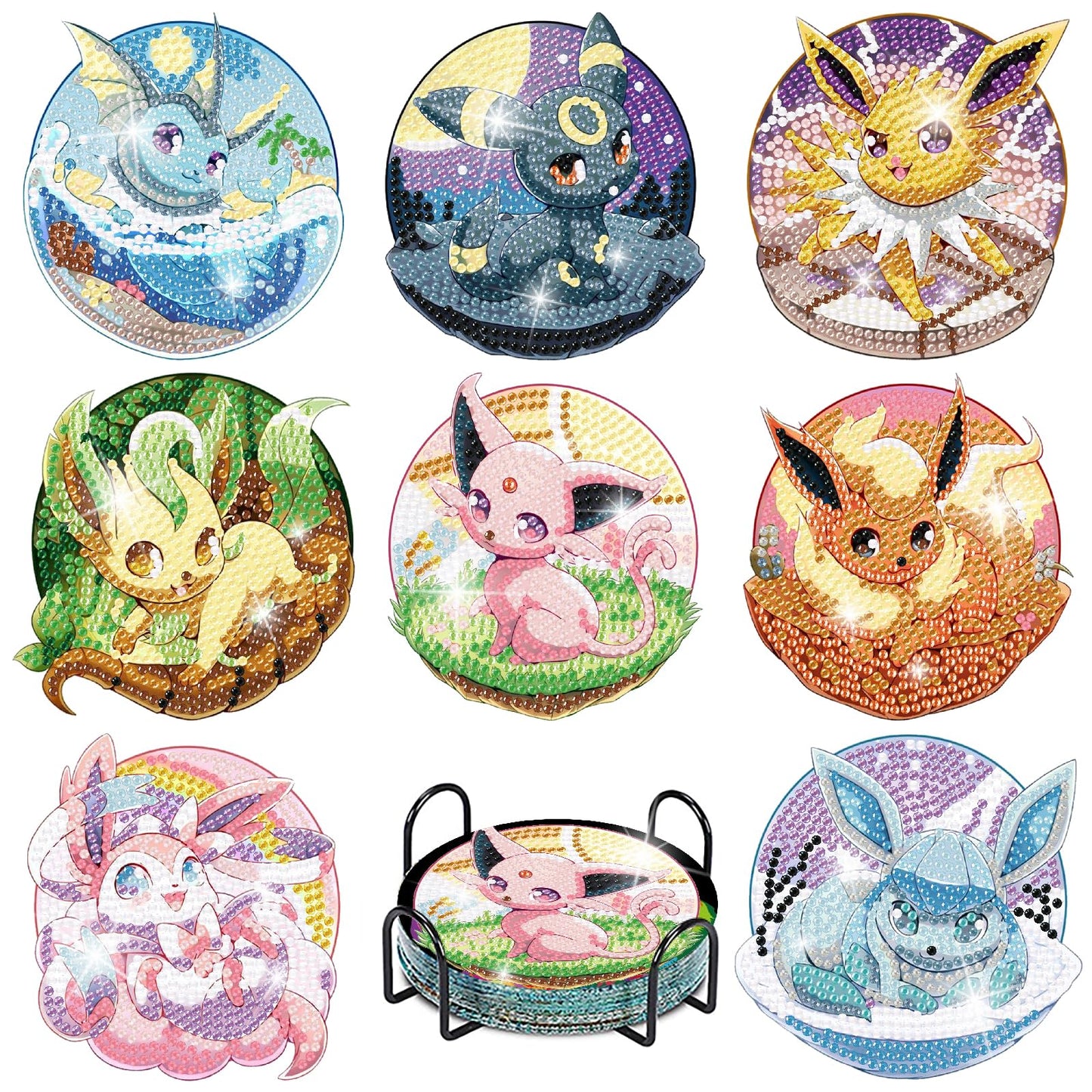 LWZAYS Diamond Painting Coasters Kits, 8 Pack Cartoon Diamond Art Coasters with Holder, Crafts Kits for DIY Coasters, Diamond Art Coasters