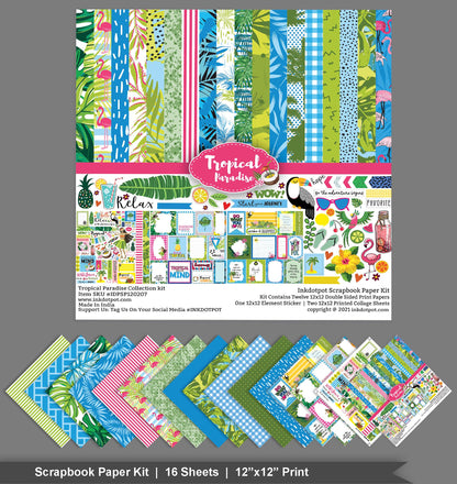 Inkdotpot Tropical Paradise Collection Double-Sided Scrapbook Paper Kit Cardstock 12"x12" Card Making Paper Pack with Sticker Sheet - 16 Pages - Blue & Green