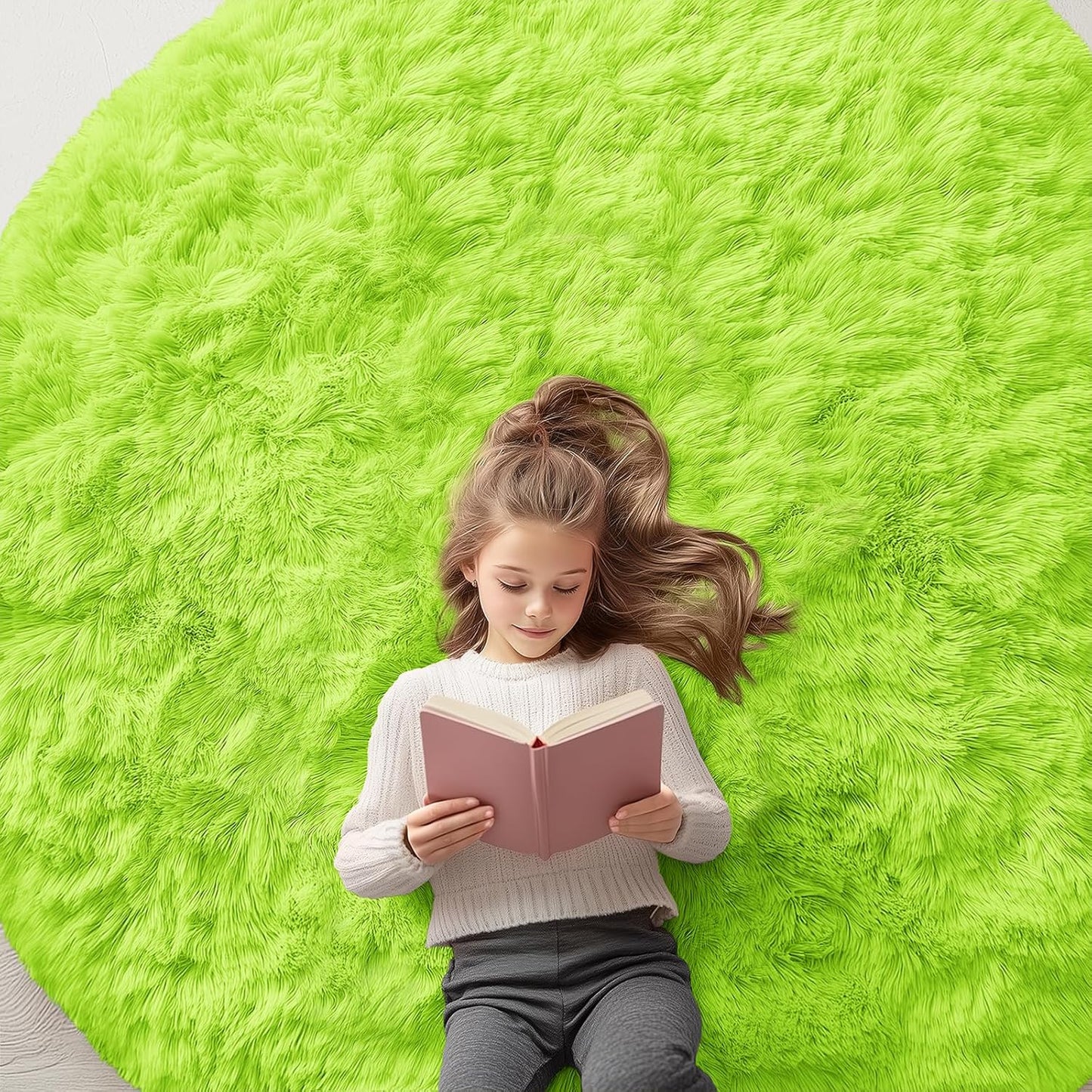 OLANLY Round Lime Green Area Rug - Soft, Fluffy, Machine Washable 6 ft Circle Carpet for Bedroom & Living Room