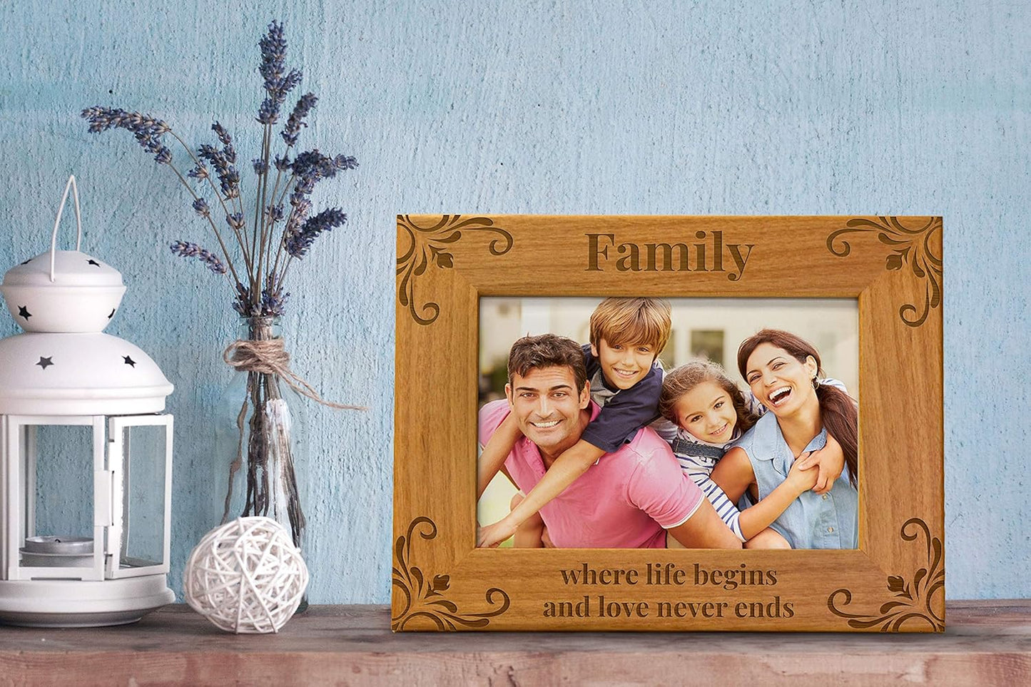 Family Where Life Begins And Love Never Ends - Engraved Natural Wood Photo Frame, Fits 5x7 Horizontal Portrait