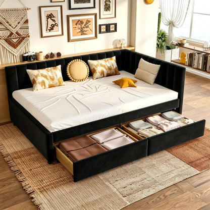 KEIKI Full Size Corner Daybed with 2 Storage Drawers, Upholstered Velvet Bed Frame, L Shaped Sofa Bed with Backrest, Wooden Slats Support, No Box Spring Needed for Guest Room, Small Space, Black
