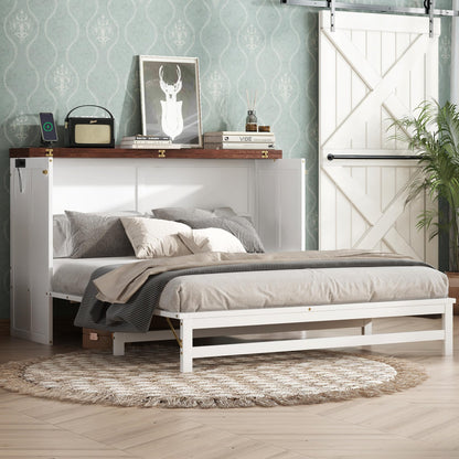 Bellemave Full Murphy Bed with Storage Drawer and Charging Station, Cabinet Bed, Farmhouse Murphy Cabinet with Foldable Panel, Noisy Free, for Guest Bedroom, Living Room, White+Walnut Panel