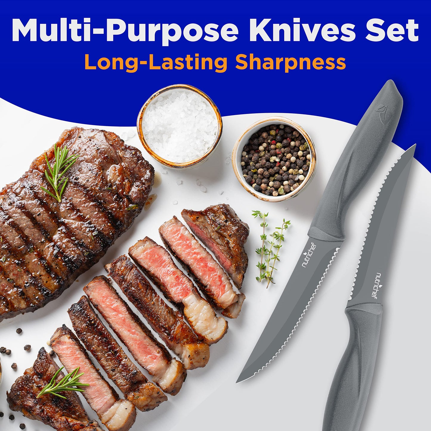 SereneLife Stainless Steel Knife Set, 8 Pcs. - Non-Stick Coating, Sharp Serrated Blades, Professional Kitchen Set, Rust-Resistant, Dishwasher Safe, Ideal for BBQ & Grilling, Gray