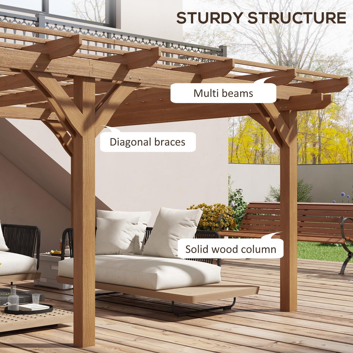 Outsunny 12' x 16' Outdoor Pergola, Wood Gazebo Grape Trellis with Stable Structure for Climbing Plant Support, Garden, Patio, Backyard, Deck, Brown