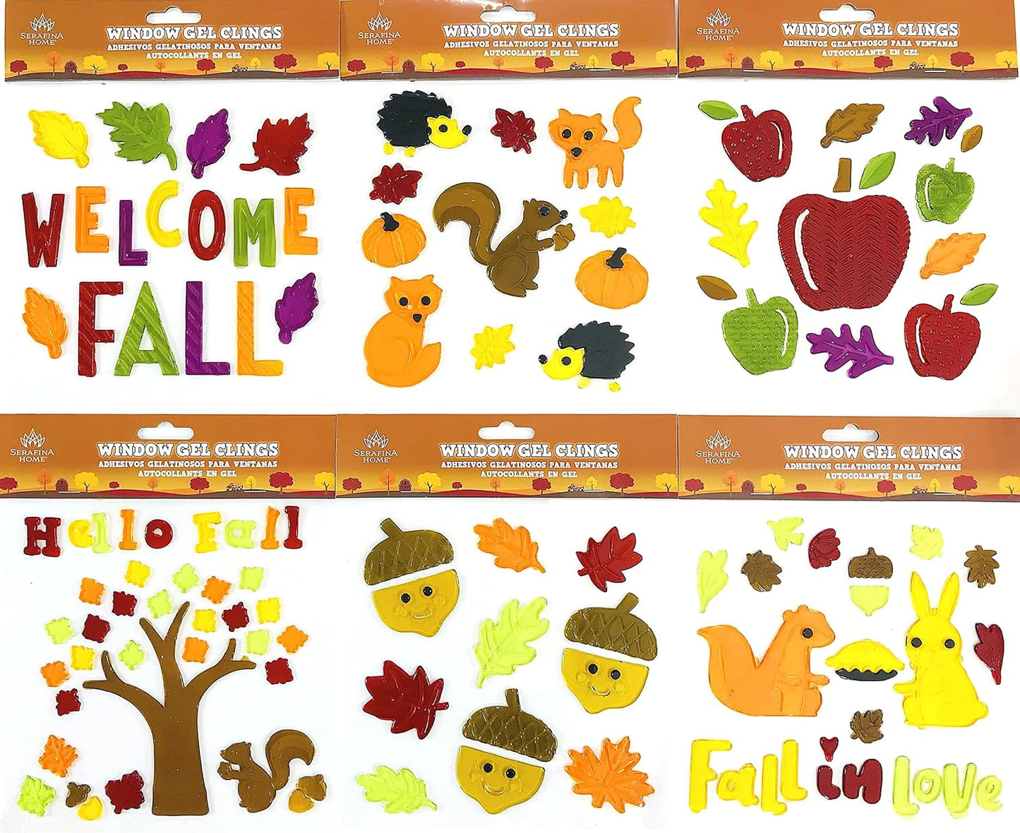 Fall Gel Cling Stickers for Windows and Mirrors, 6 Sheets of Reusable Seasonal Designs