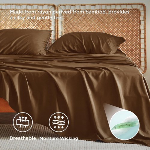 Bedsure Cooling Bed Sheets - Soft & Breathable Rayon from Bamboo | Full Size, Deep Pocket Up to 16 Inches, Brown