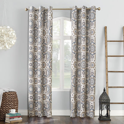 Sun Zero Nepal Global Medallion Print Blackout Grommet Curtain Panel, 40" x 84", Linen
