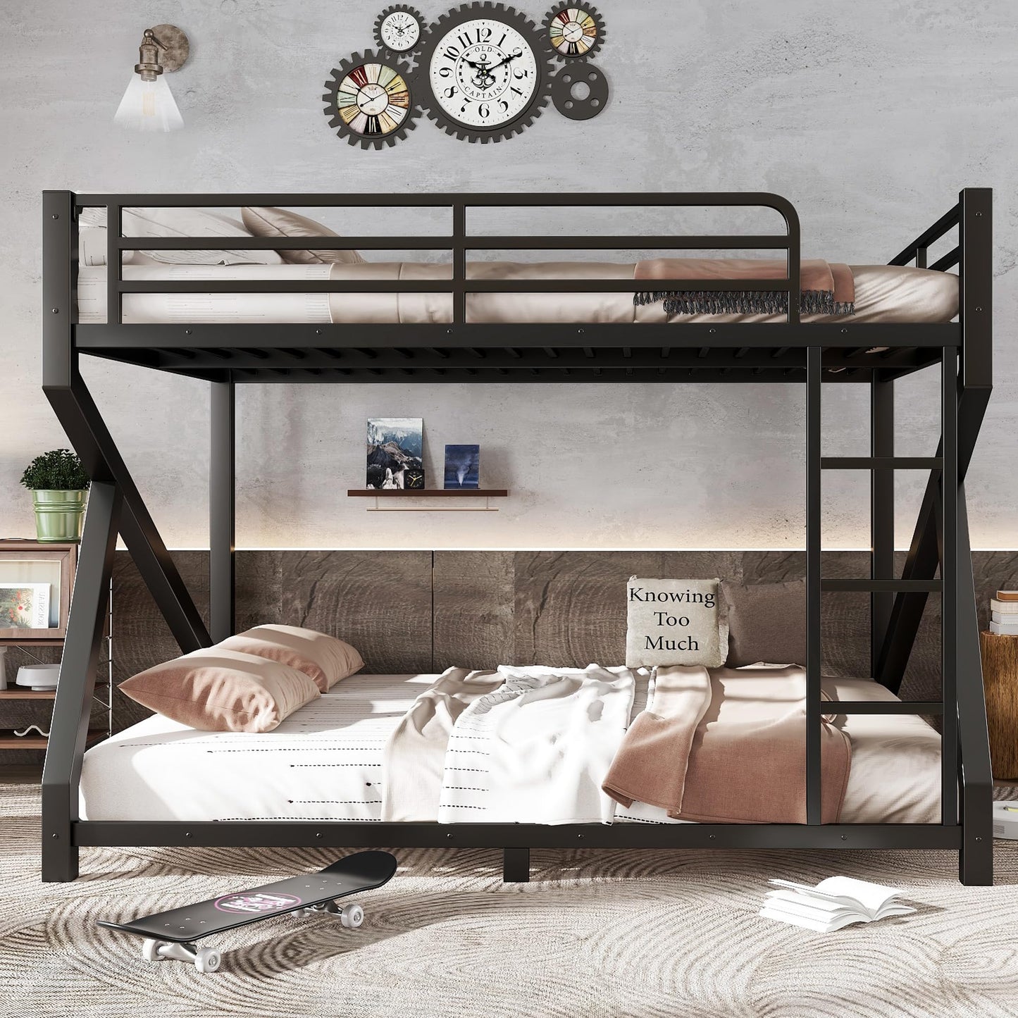 Bellemave Queen Over Queen Metal Bunk Bed,Low Profile Floor Bunk Bed Frame with Angled Ladder, Heavy Duty & Noise-Free Design for Kids, Teens & Adults, Black