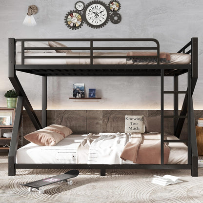 Bellemave Queen Over Queen Metal Bunk Bed,Low Profile Floor Bunk Bed Frame with Angled Ladder, Heavy Duty & Noise-Free Design for Kids, Teens & Adults, Black