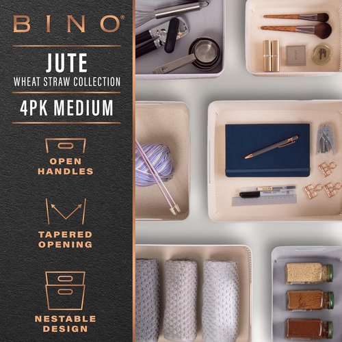 BINO Woven Plastic Basket - Stylish Home Organization | Small Natural Grey, 4-Pack | Space-Saving Design
