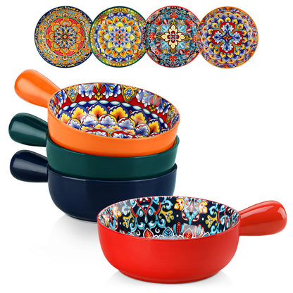 vancasso Soup Bowls with Handles, 23 Oz French Onion Soup Bowls Oven Safe, Bohemian Ceramic Soup Crocks for Cereal, Pasta, Beef Stew, Chilli, Microwave Dishwasher Safe-6.2 inch, Set of 4