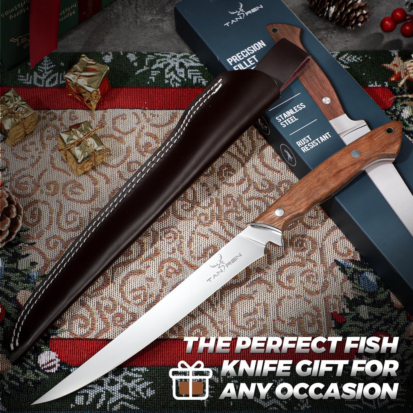 TAN REN Fillet Knife for Fish 9 Inch, Professional Stainless Steel Fishing Knives with Sheath for Filleting and Cleaning, Full Tang Filet Knife for Meat with Ergonomic Wood Handle, Father's Day Gift