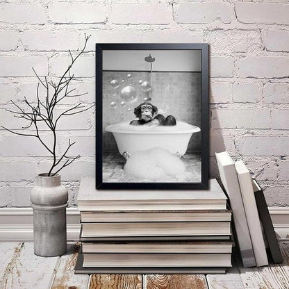Chimpanzee Art by Framed | Fun Black and White Bathroom Canvas | Retro Animal Decor 8x10 Inches