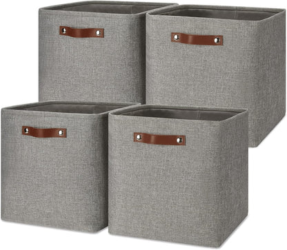 Temary 13 Inch Fabric Storage Baskets, Set of 4 Cube Bins for Home and Office with Leather Handles in Grey
