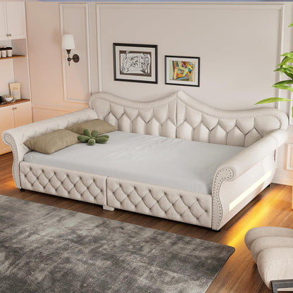Merax Queen Size Upholstered Daybed with LED Lights & Nail Head Decoration,Convertible Sofa Bed with Tufted Diamond Upholstery,Rolled Armrests,No Box Spring Needed for Living Room,Beige