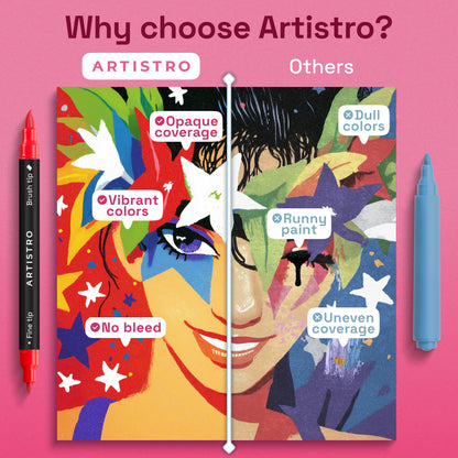 ARTISTRO 24 Acrylic Paint Markers - Paint Pens for Drawing, Brush + Fine Tips - For Fabric, Rock, Glass, Wood, DIY - Art & Craft Supplies for Adults, Teens, Kids - Teacher Appreciation Gift