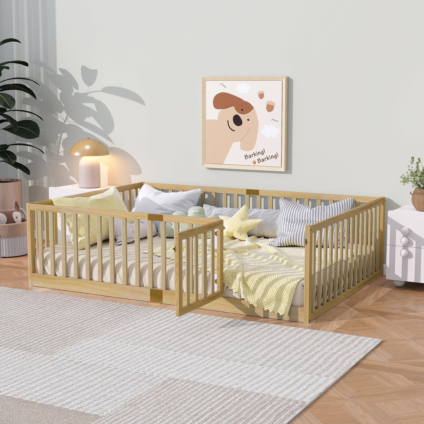KEIKI Montessori Full Floor Bed with 21.5" High Fence, Revolving Door & 6 Slats, Rubber Wood Floor Bed Frame for Kids, Easy Assembly, Natural