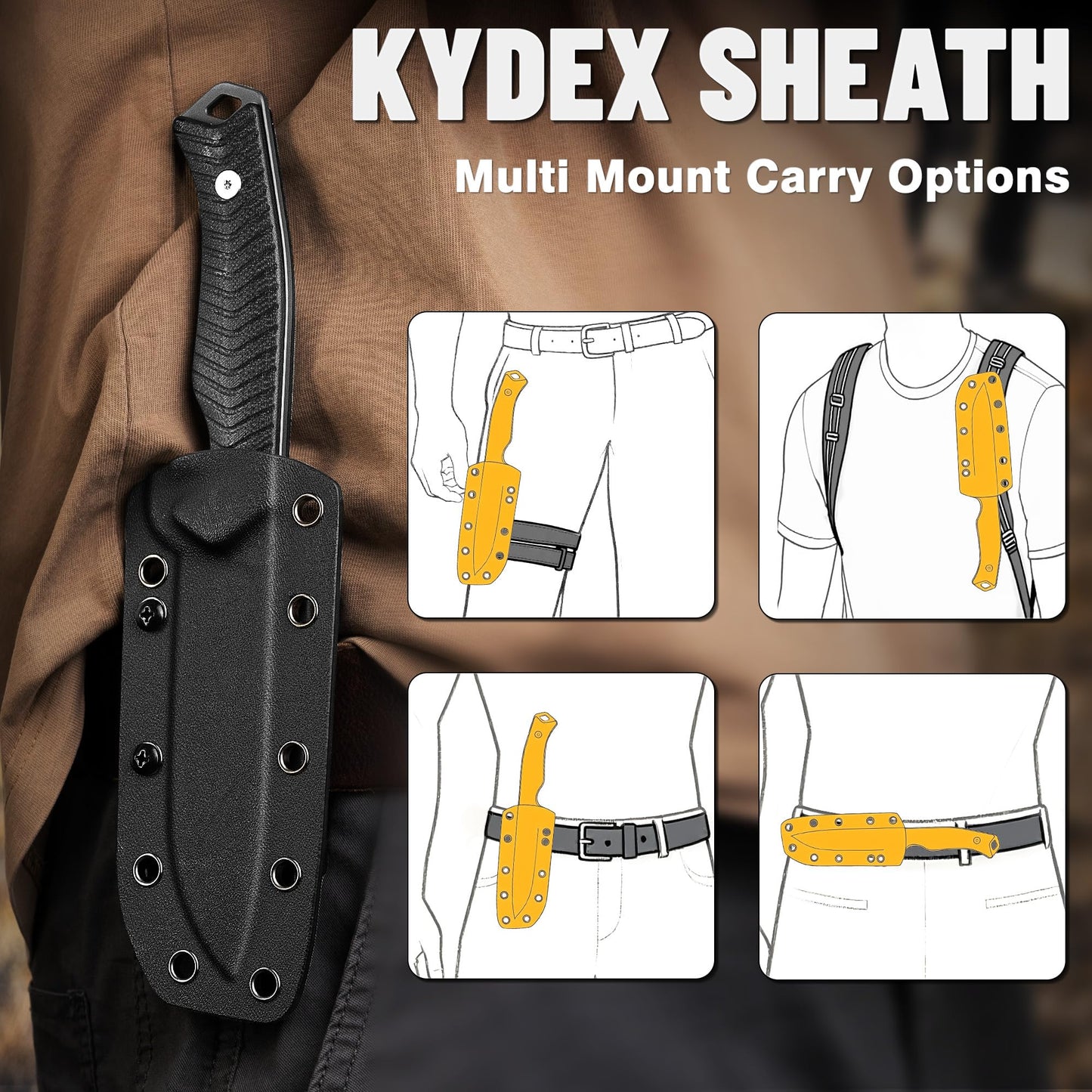 LOTHAR BAT Fixed Blade Knife with Sheath, 4.5 Inch Tactical Horizontal Carry Knives with G10 Handle, Bushcraft Hunting EDC Knives, Survival Camping Fixed-Blade Knives Gifts For Men