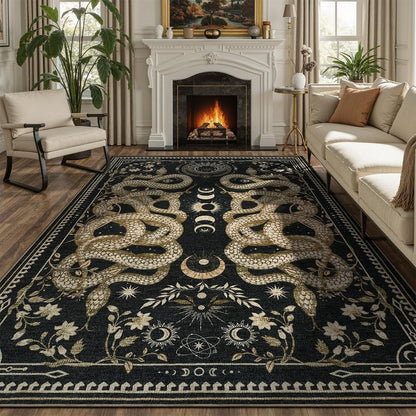 DCX Washable 5x7 Snake Rug, Black Gothic Rug for Living Room, Soft Low Pile Carpet, Kid & Pet Friendly with Rubber Back Non Slip, Stain Resistant Rug for Bedroom Dining Room Office