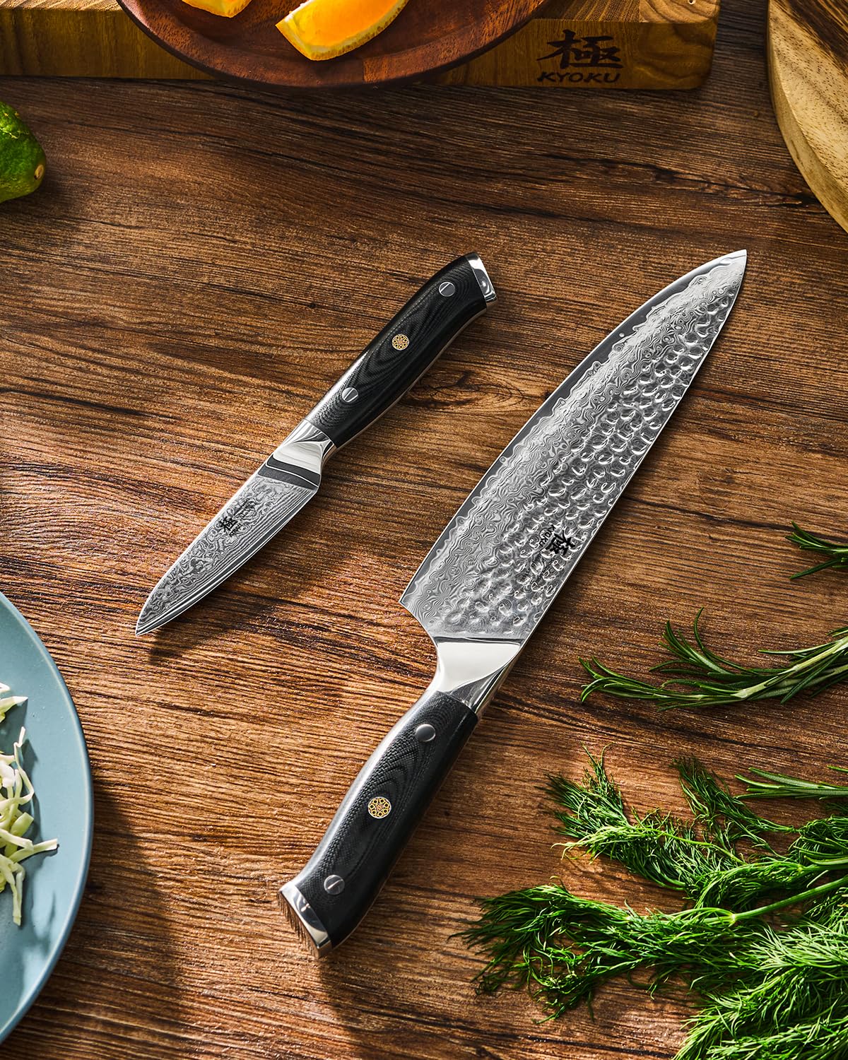 KYOKU Knife Set, Shogun Series 2pc Japanese Style Kitchen Knife Set, 8" Chef 3.6" Paring Knife with Sheath Gift Box, Professional Sharp Damascus Stainless Steel Knives for Meat Vegetable Fruit
