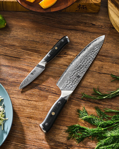 KYOKU Knife Set, Shogun Series 2pc Japanese Style Kitchen Knife Set, 8" Chef 3.6" Paring Knife with Sheath Gift Box, Professional Sharp Damascus Stainless Steel Knives for Meat Vegetable Fruit