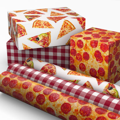 Hallmark Pizza Scented Wrapping Paper Mini Rolls, 3-Pack (Pepperoni, Pizza Slices, Red Gingham Tablecloth) for Birthdays, Graduations, Father's Day, Any Occasion - 45 Sq. Ft. Total