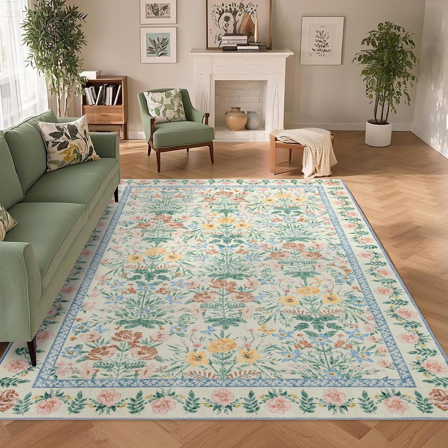 5x7 Boho Area Rugs: Floral Washable Rugs for Living Room Bedroom Nursery Girls Room Decor - Soft Non-Slip Carpet