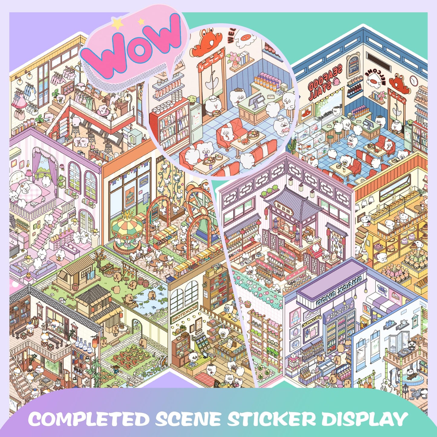 3D Sticker Scene Book Sticker Therapy for Adults Kids Teens 2 Books with 12 Sets of DIY 3D Room Miniature Scene Stickers Featuring Various Themes