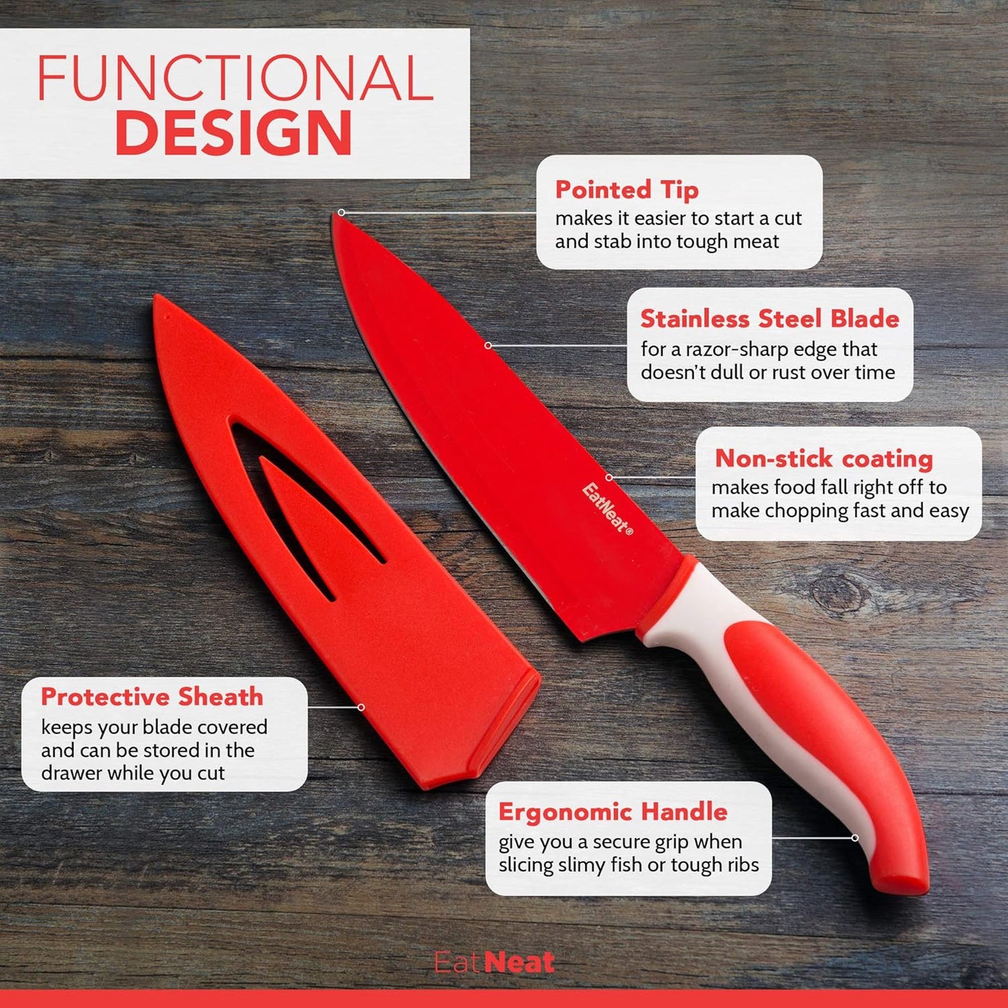 EatNeat 12 Piece Knife and Cutting Board Set, Colorful Non-Stick Stainless Steel Chef Knives with Sheaths & Sharpener
