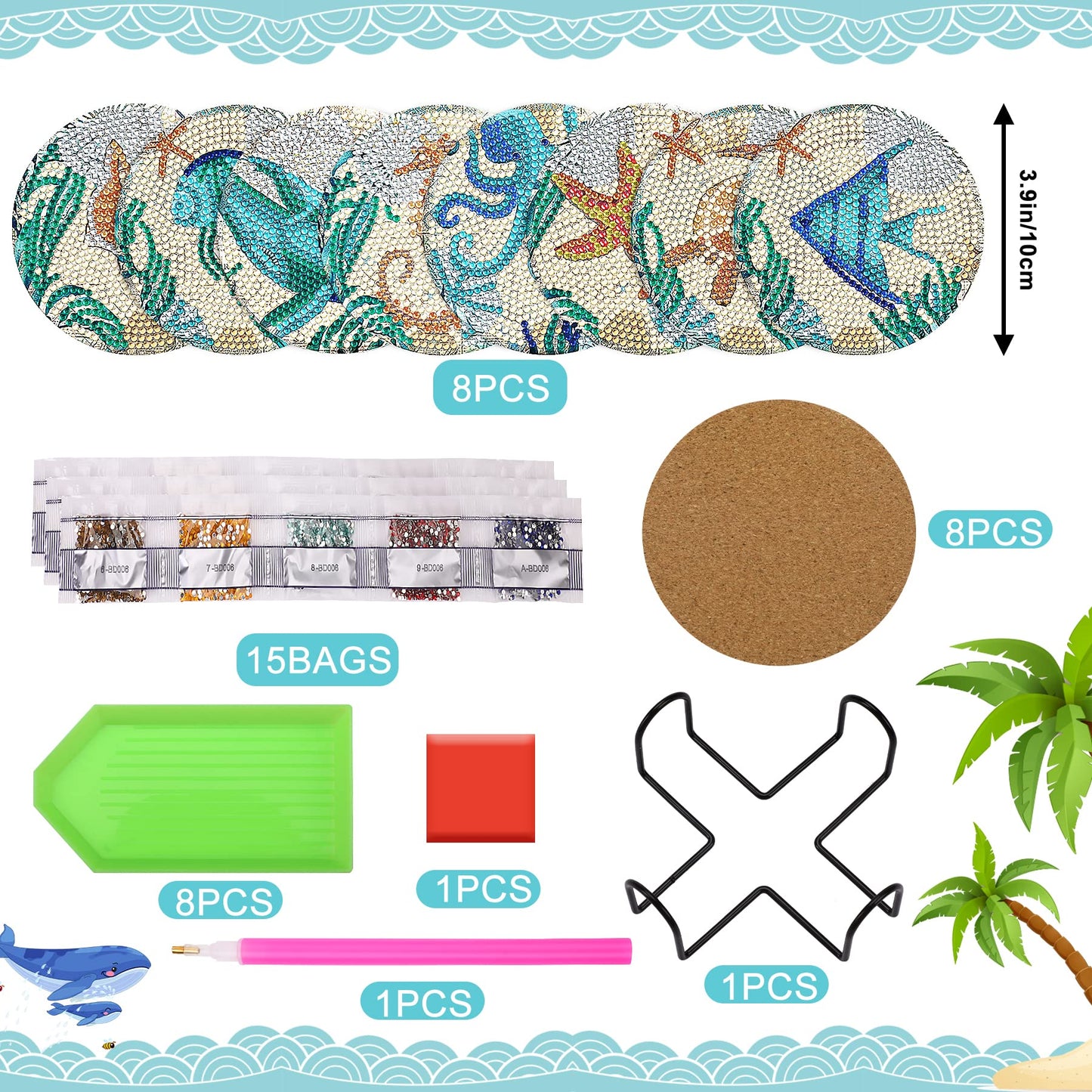 UPINS Ocean Diamond Art Painting Coaster Kit, 8Pcs DIY Crafts Kit with Holder, Non Slip Coaster Art Supplies for Adults, Ideal Christmas Gift