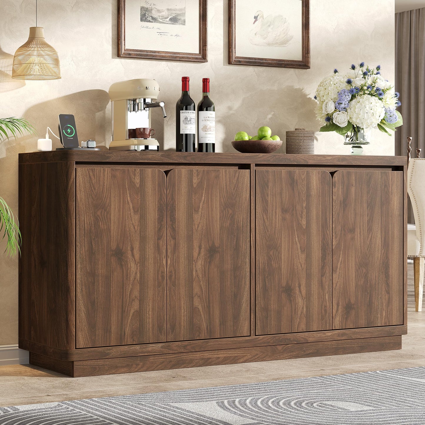 knoworld Buffet Cabinet with Storage, Outlet & Adjustable Shelves, Sideboard Cabinet with Double-Arc Doors, Classic Modern Wood Console Table & Credenza for Dining Room & Entryway