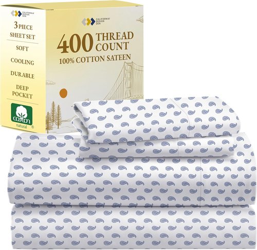 California Design Den Twin Sheet Set - 400 Thread Count Sateen, 100% Cotton, Paisley Blue