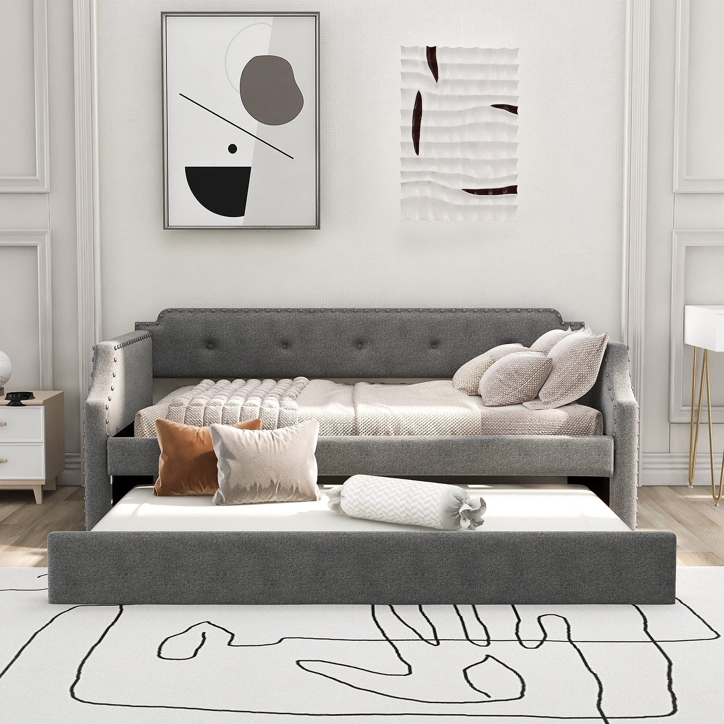 Acosure Twin Size Linen Upholstered Daybed with Trundle,Wooden Frame Armrests Bed W/Wood Slat Support,Arched Back & Nailhead Trim,for Kid,Dorm and Guest Bedroom,Gray