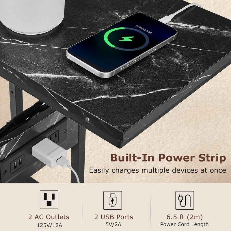 VECELO C-Shaped End Side Table with Charging Station & 2 USB Ports and Outlets for Living Room, Bedroom, with Adjustable Feet for Couch Sofa, Bedside, Small Spaces， Black Marble