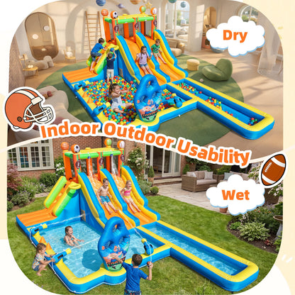 TOAOB Inflatable Water Slide for Kids 3-12: Blow Up Backyard Water Park with 2 Slides - 9 in 1 Football-Themed with 550W Blower for Outdoor Birthday Party