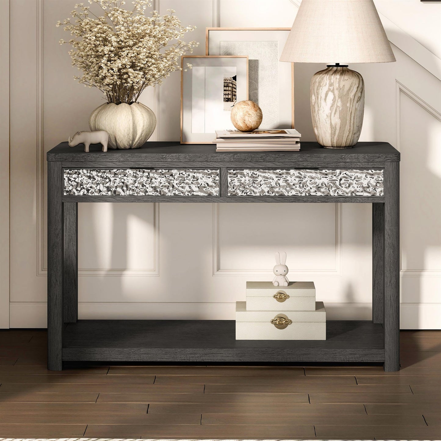 Furniture of America Selyra Modern Contemporary Solid Wood 48-inch Sofa Table with Dented Stainless Steel Accents, Wire Brush and Drawer on Ball-Bearing Glides for Living Room, Ash Gray