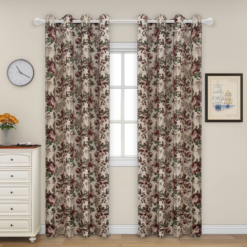 Easy-Going Floral Printed Blackout Curtain 84 Inch Length Grommet Thermal Insulated Room Darkening Window Curtain for Bedroom, Living Room, Kids Room (Set of 2 Panels, Beige)